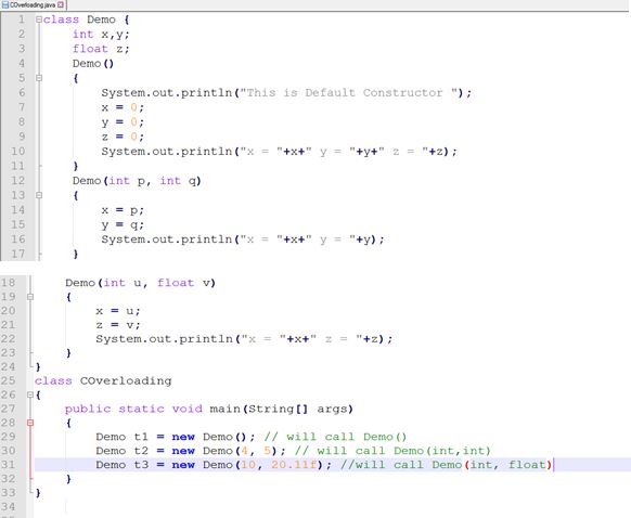 This image describes the sample program for constructor overloading in java.